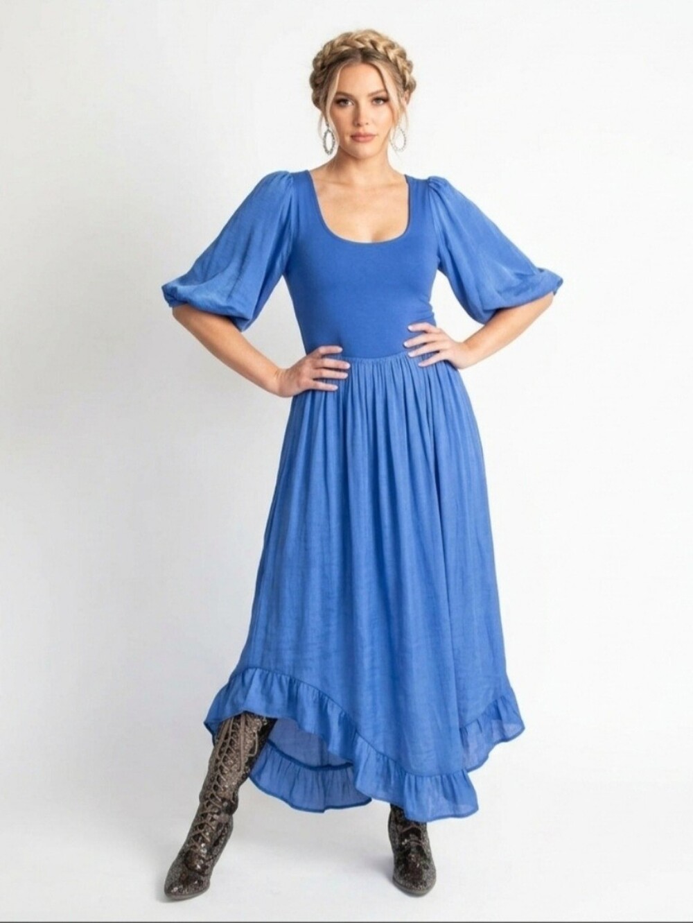 Joyfolie Periwinkle Scoop-Neck Midi Dress, Irregular Flowing Hem, Puff Sleeves